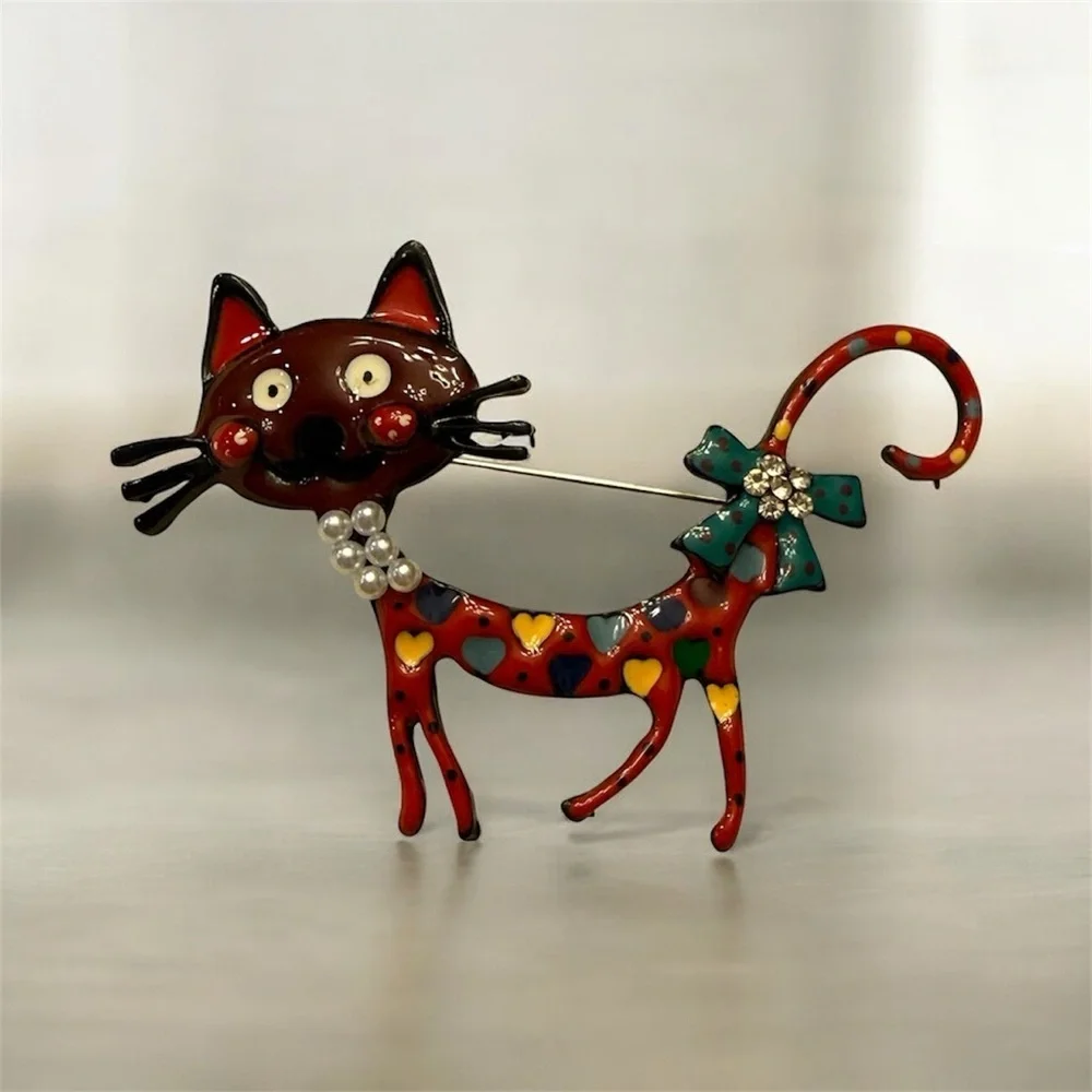 Whimsical Cat Brooch Colorful Enamel Rhinestone Bow Heart Kitty Pin - Picture 1 of 2